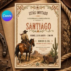 Western Rodeo Birthday Invitation: printable Cowboy Birthday invitation, Rodeo Invitation , Wild West Bday Invite, Editable Canva Template