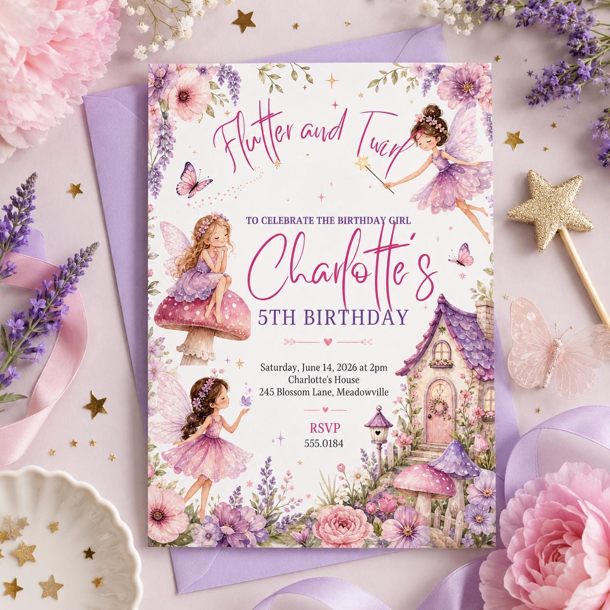 Editable Flutter and Twirl Little Fairy Birthday Invitation, Wildflower Fairy Birthday, Girl Pink Floral Fairy Birthday, Canva Template - Image 2