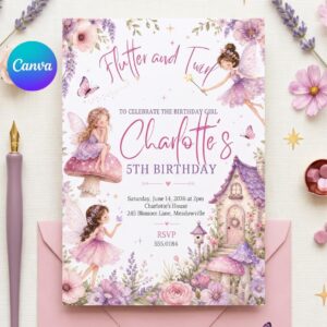 Editable Flutter and Twirl Little Fairy Birthday Invitation, Wildflower Fairy Birthday, Girl Pink Floral Fairy Birthday, Canva Template