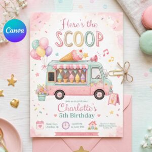 Ice Cream Truck Birthday Invitation Template, Here's The Scoop Birthday Invitation, Ice Cream Birthday, Summer Invite, Canva Template