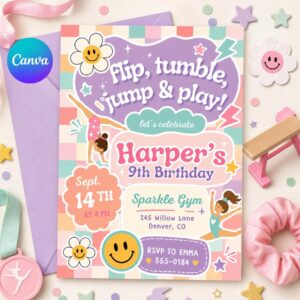 Gymnastics Birthday Invitation Template, ANY AGE, Daisy Birthday Invite, Retro Rainbow, Girl Birthday Gym Party, Canva Invitation Template