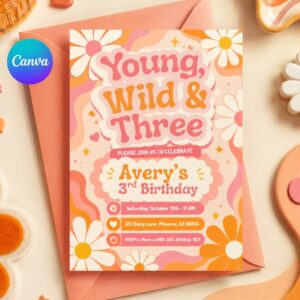 Young Wild Three Invitation, Young Wild and Three Birthday Invitation, Boho Chic Toddlers 3rd Party, Pastel Floral Celebration, Canva invite