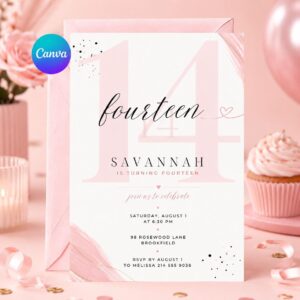 Fourteen Invitation, Fourteen 14th Birthday Pool Party Invitation, Summer Fun Vibe, Pastel Invite, Fancy Girl Party, Editable Canva Template