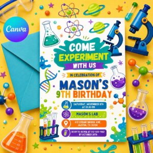 Editable Mad Science Experiment Birthday Invitation, Science Experiment Invitation, Boy Science Party, Editable Canva Template Science Party