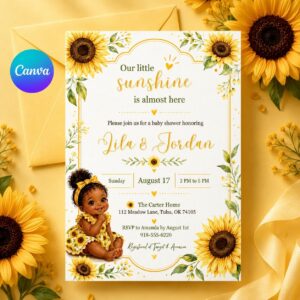 Sunflower Baby Shower Invitation, Our little Sunshine Theme, Little Ray of Sunshine Baby Shower Invitation, Sunshine Baby Shower, Canva