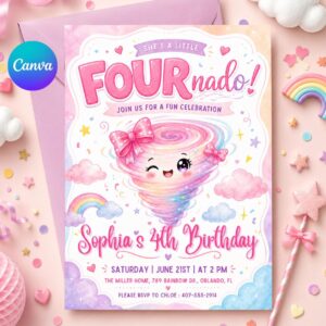 FourNado 4th Birthday Invitation: Editable Fourth Tornado Party Invite (Digital Download)
