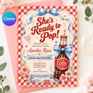 Retro Soda Baby Shower Invitation | Blue, She's Ready to Pop (Editable Canva Template)
