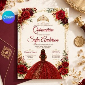 Editable Quinceañera Invitation, Mis Quince Invitation, Quinceanera Invite, Red Roses invitation, Red Gold Black, Mis Quince Anos, Canva