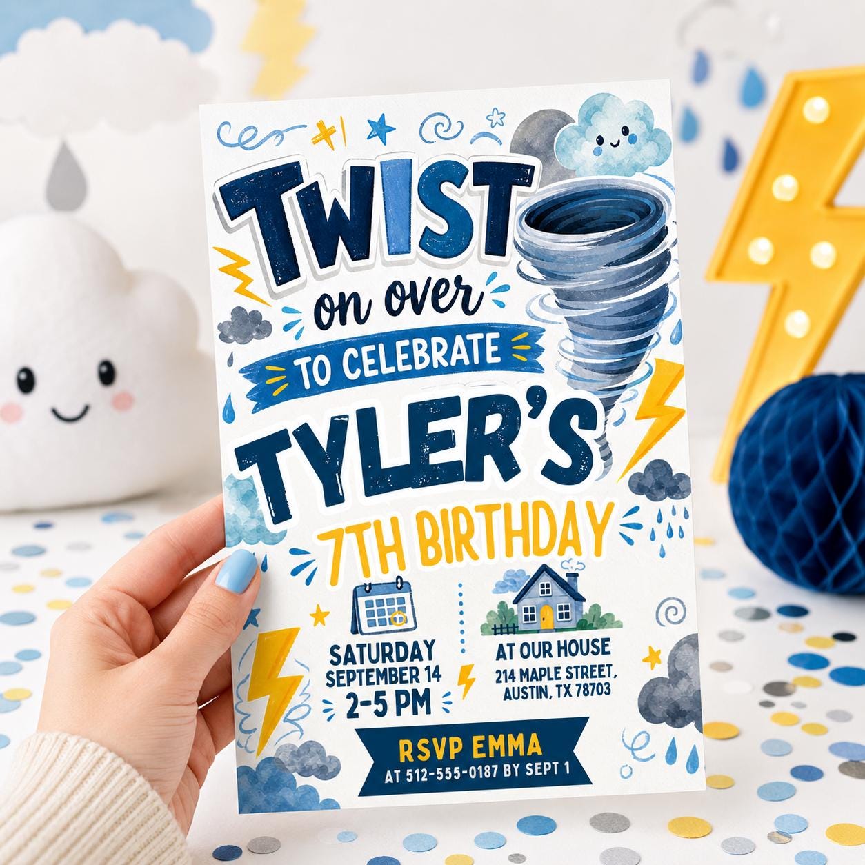 Twisted on Over to Celebrate Birthday Invite, Tornado-Themed Birthday Invitation Boy Invite, Twister 7th Birthday Invitation, Canva Template - Image 4