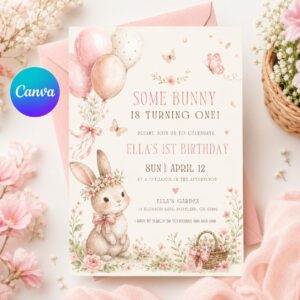 Some Bunny is One Invitation, Pink Bow Rabbit First Birthday Invitation, Coquette Pink Bow Bunny 1st Birthday Invitation, Editable Canva