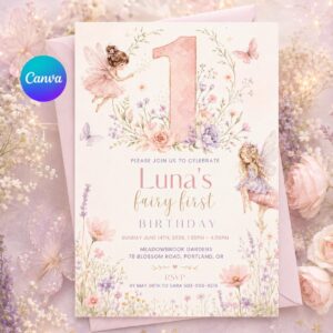 Editable Fairy First Birthday Invitation, Soft Pastel Floral 1st Birthday Party Printable Invite, Wildflower Fairy Garden Tea Party, Canva