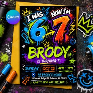 Graffiti Birthday Invitation, Six Seven Meme Birthday Invitation, 7th birthday invite boy, I Was 6 Now I’m 7 birthday invite, Canva Template
