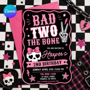 Editable Bad Two the Bone Birthday Invitation, Bad to the Bone 2nd Birthday Invite, Two Cool 2nd Birthday Girl Party, Canva Template