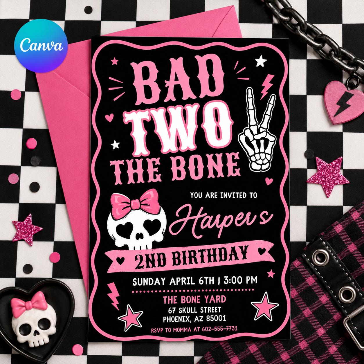 Editable Bad Two the Bone Birthday Invitation, Bad to the Bone 2nd Birthday Invite, Two Cool 2nd Birthday Girl Party, Canva Template