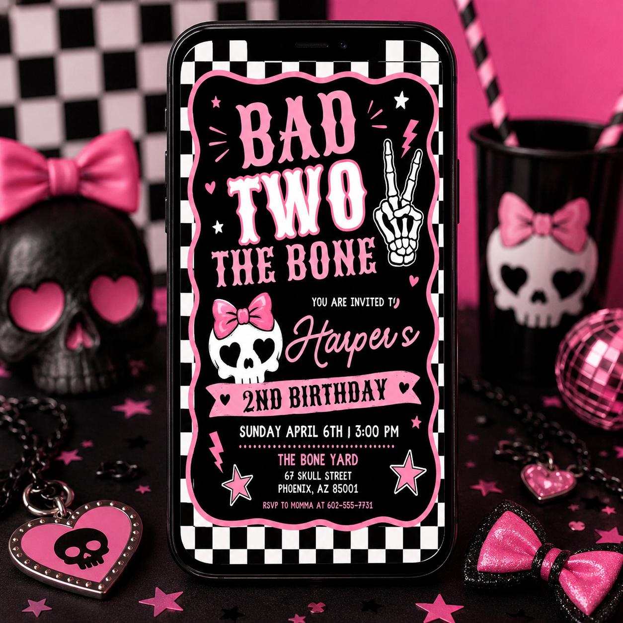 Editable Bad Two the Bone Birthday Invitation, Bad to the Bone 2nd Birthday Invite, Two Cool 2nd Birthday Girl Party, Canva Template - Image 6