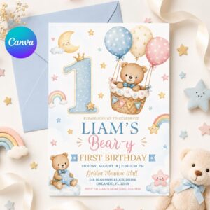 Beary First Birthday Invitation, Bear Birthday Invite, Teddy Bear First Birthday, 1st Birthday Boy, Beary 1st Birthday Party Invite, Canva