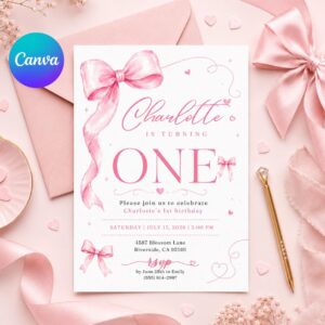 Pink bow 1st birthday invitation, Coquette first birthday party invitation, Canva Template