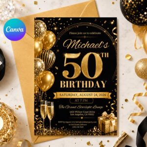 Editable 50th Birthday Invitation Template, Gold Black Party, Elegant Black & Gold Birthday Party Invitation, 50th, Canva Template