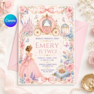 Princess Carriage 2nd Birthday Invitation, Fairytale Birthday Party Invite (Canva Template)