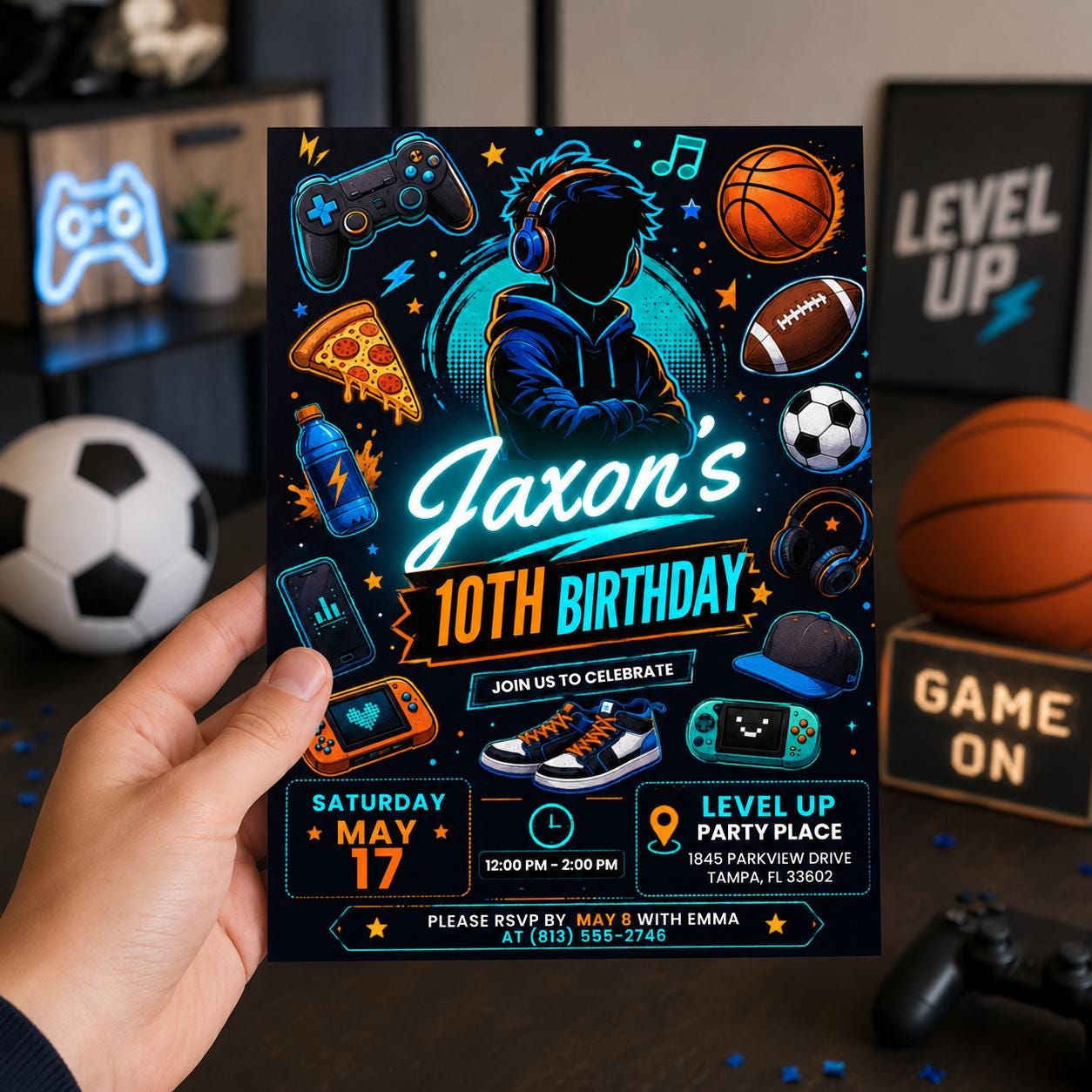 Teen Boy Birthday Party, Gaming invite, Basketball, Pizza & Music Theme, Tween Party Invite, Editable 10th Birthday Invitation, Canva invite - Image 4