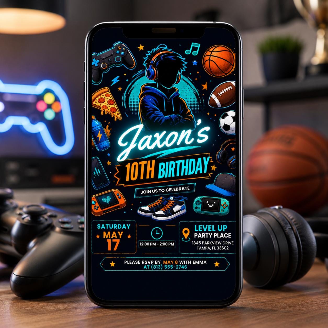 Teen Boy Birthday Party, Gaming invite, Basketball, Pizza & Music Theme, Tween Party Invite, Editable 10th Birthday Invitation, Canva invite - Image 5
