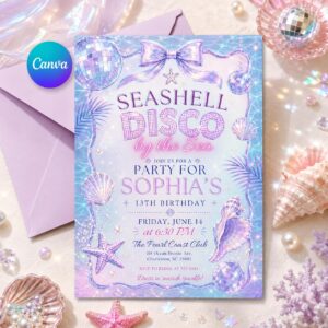 Seashell Disco Birthday Invitation, Disco Party Invitation, Seashell  Birthday Invitation, Editable Ocean Theme Party Invite, Canva Template