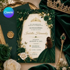 Editable Quinceañera Invitation, Mis Quince Invitation, Quinceanera Invite, Red Roses invitation, Red Gold Black, Mis Quince Anos, Canva