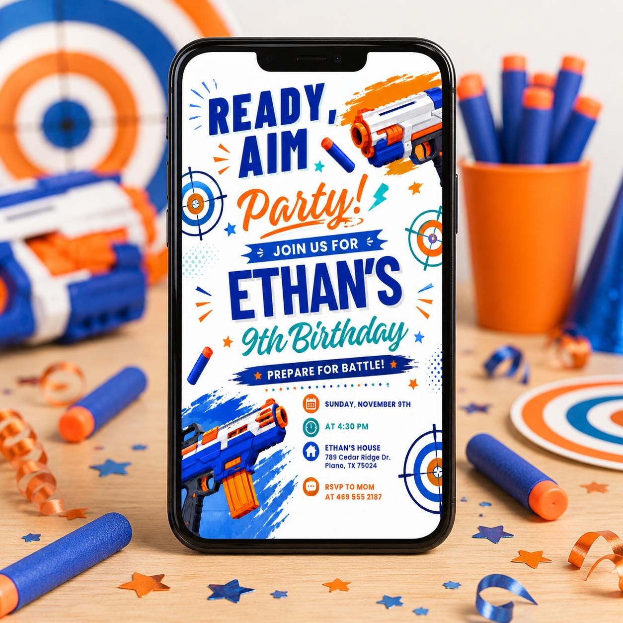Blaster Birthday Invitation, Dart Battle Party Theme, Editable Canva Template (Digital Download) - Image 4