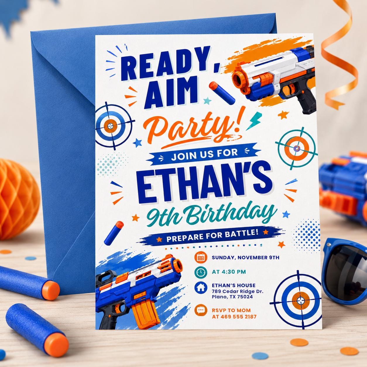 Blaster Birthday Invitation, Dart Battle Party Theme, Editable Canva Template (Digital Download) - Image 6