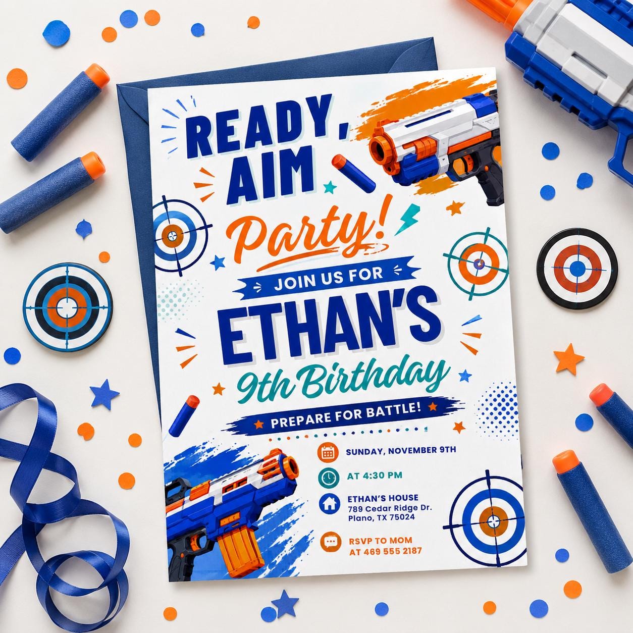 Blaster Birthday Invitation, Dart Battle Party Theme, Editable Canva Template (Digital Download) - Image 5