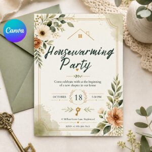 Housewarming Party Invitation, Housewarming Party Invitation Template, New Home Celebration, Red Door Illustration, Editable Canva Invite