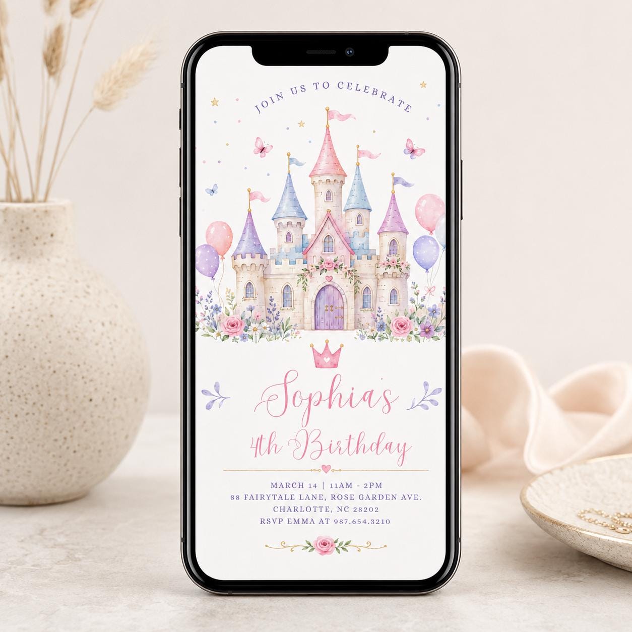 Princess Castle Invitation Girl, Pastel Birthday Party Card, Editable Canva Template, Kids Princess Theme, Magical Party Invite, Canva - Image 5