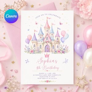 Princess Castle Invitation Girl, Pastel Birthday Party Card, Editable Canva Template, Kids Princess Theme, Magical Party Invite, Canva