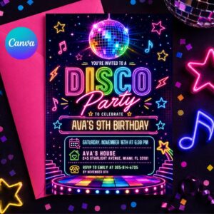 Editable Disco Party Birthday Invitation, Any Age Disco Dance Party Invite Template, Printable Neon Glow Party Invitation DIY Canva Template