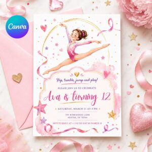 Editable Gymnastics Invitation Gymnastics Birthday Invite Preppy Retro Gymnastics Invitations Gymnastics Party Template Pink Girl, Canva