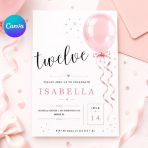 12th Birthday Invitation Girl, Pink Balloon Invite, twelve Birthday Party Twelve Balloons, Editable Canva Template |