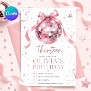 Disco 13th Birthday Invitation Girl, Disco Ball Invite Template for 13 Birthday Party, Pink Bow Disco Ball Theme, Editable Canva Template