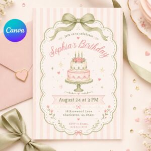 Pink Bow First Birthday Invite, Trendy Coquette Birthday Invite, Girly Birthday Invite, Our Little Wildflower Invite, Vintage Floral, Canva