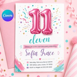 Editable 11th Birthday Invitation for Girls, Pink Blush Eleventh, 11th Birthday Invitation Girl Pink Balloon Invite, Editable Canva Template