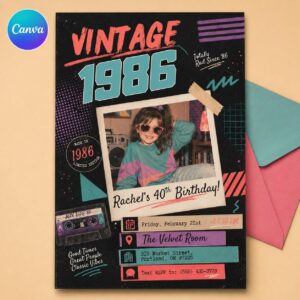Vintage 1986 Birthday Invitation, Retro Polaroid Style 40th Birthday, Any Age, Editable Photo Milestone Invite 1986 Birthday Party Template