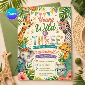 Young Wild Three Safari Birthday, Three Years Old Safari Birthday Safari Invitation Wild Child Birthday Girl,  Canva invite