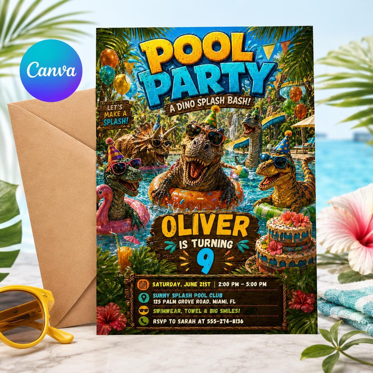 Dinosaur Pool Party Incitation, Two Rex Pool Invite Editable, Splish Splash Dino Pool Party Invitation, Boy Swimming Birthday Canva Template