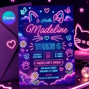 Neon Cat Glow Party Invitation, Let's Glow Birthday Invitation, Neon Lights Kids Party, Lets Glow Crazy Invite, Girls Cat Party Invite