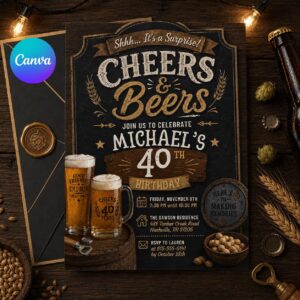 Beer Surprise Birthday Party Invitation, Cheers and Beers Birthday Invitation30th 40th 50th Adult Birthday invite, Editable Canva Template