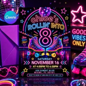 Editable Roller Skating Birthday Invitation, Retro Neon Glow Skate Party Invite, Rolling Into 8 Years Old Template, Editable Canva Template