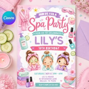 Spa Birthday Party Invitation, Pamper Party Invite, Girl Spa Birthday, Pink Bow Invitation, Editable Canva Template
