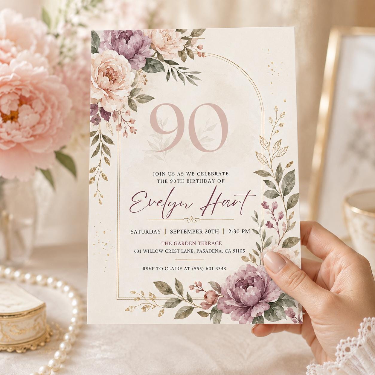 Floral 90th Birthday Invitation , Floral 90th Birthday Invitation for Women, 90 Years Loved, Canva Template - Image 3