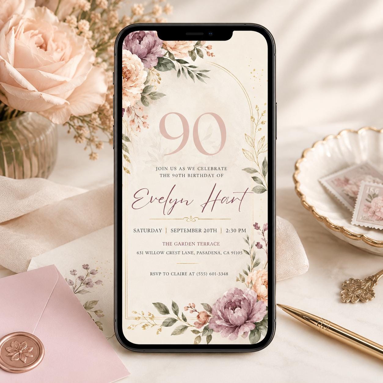 Floral 90th Birthday Invitation , Floral 90th Birthday Invitation for Women, 90 Years Loved, Canva Template - Image 4