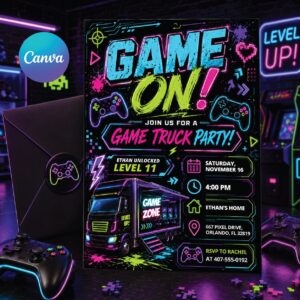 Video Game Truck Birthday Invitation, Neon Gamer Truck Party Invite, Gaming Bus Birthday Invites, Gaming Truck for Boys, Editable Canva