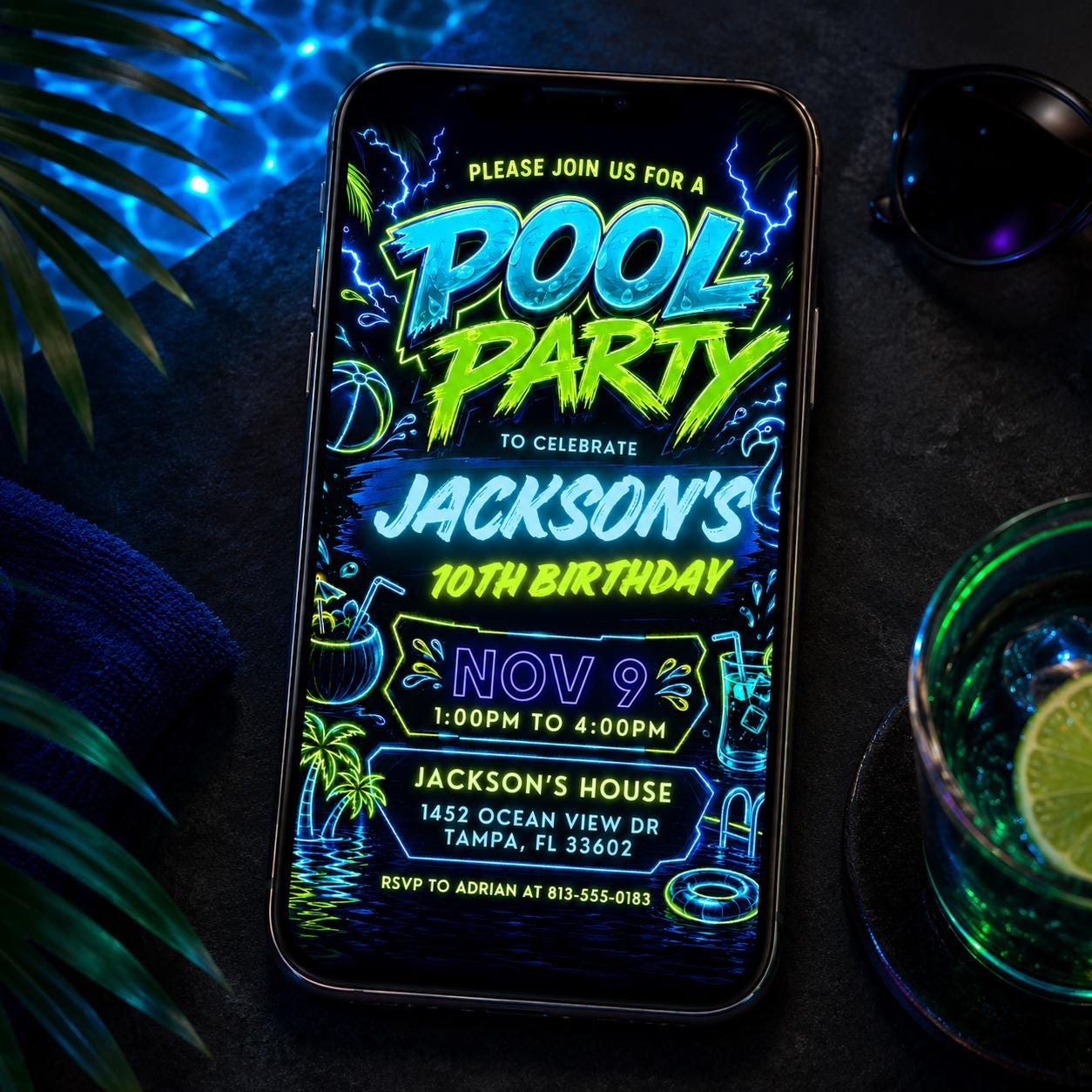 Editable Pool Party Birthday Invitation, Neon Glow Swim Invite for Boys Blue Green, Neon Pool Party Invitation, Editable Canva Template - Image 4